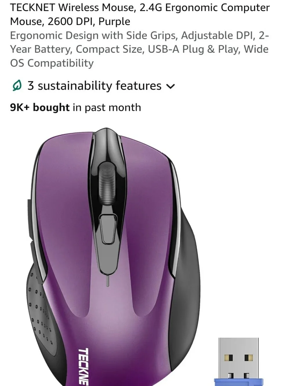 TECKNET Wireless Ergonomic Mouse in Purple